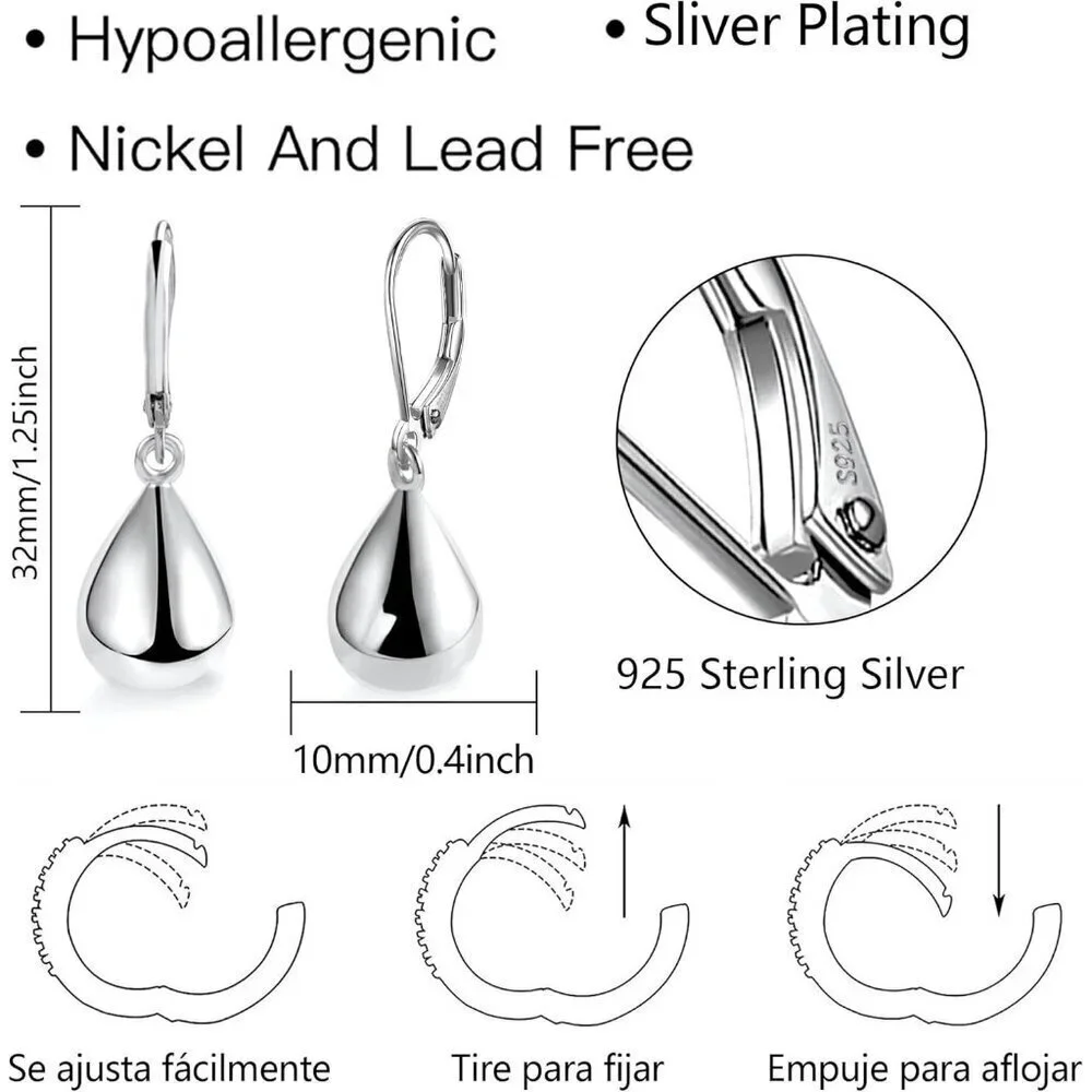 925 Sterling Silver Teardrop Leverback Earrings for Women - Hypoallergenic